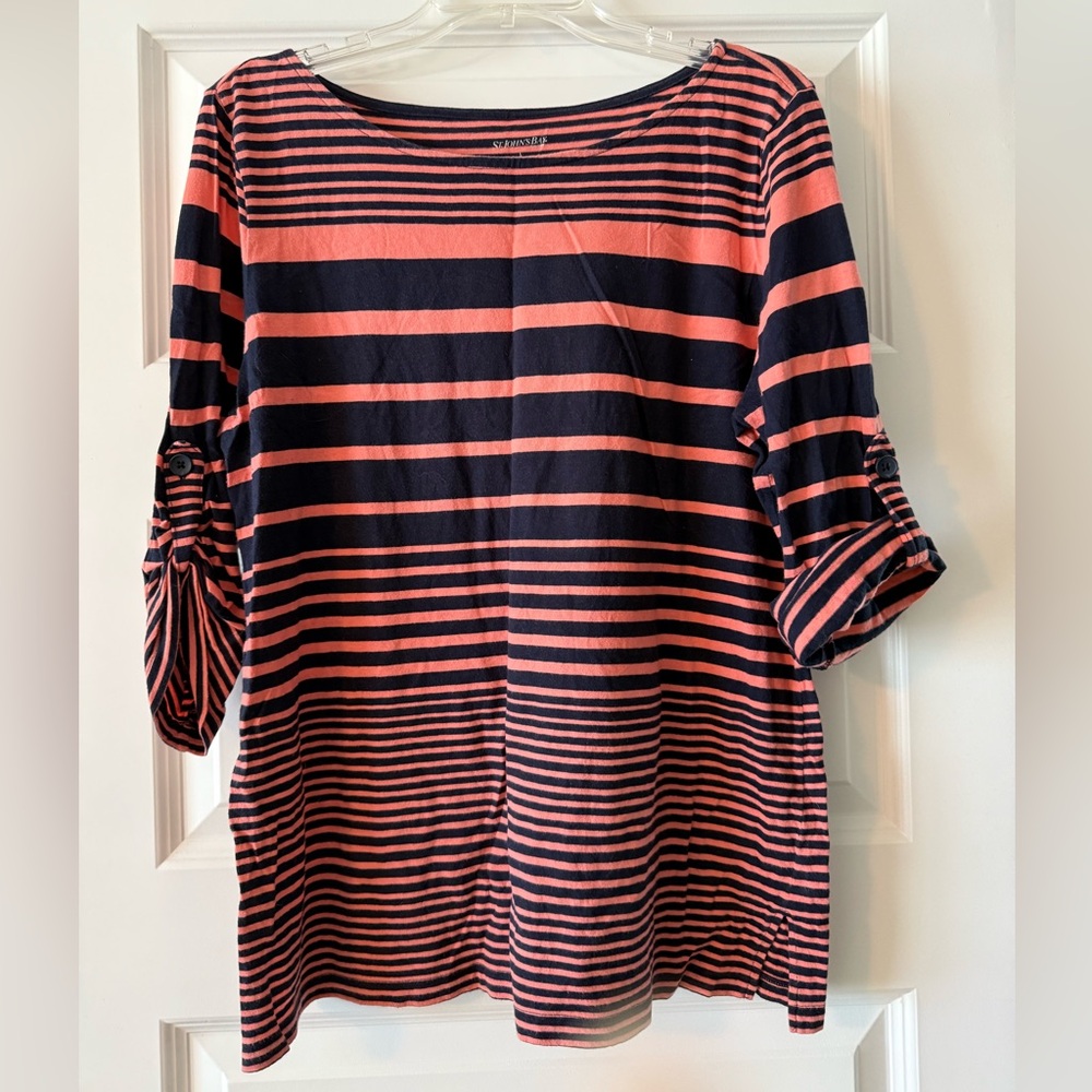 St. John's Bay Coral and Navy Striped Long Sleeve Tee